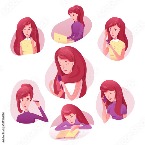 Girl getting ready for work flat illustrations set