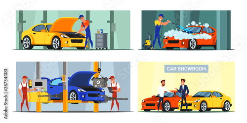 Car maintenance service flat illustrations set
