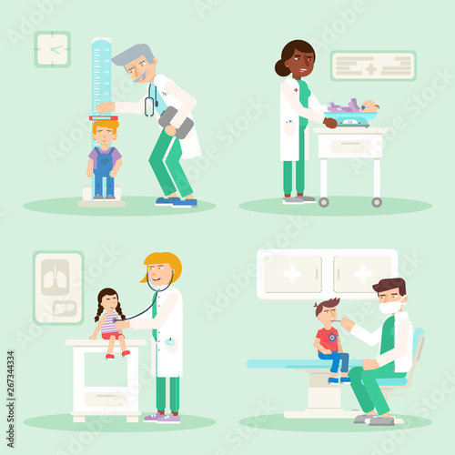 Kids in pediatrics office flat illustrations set