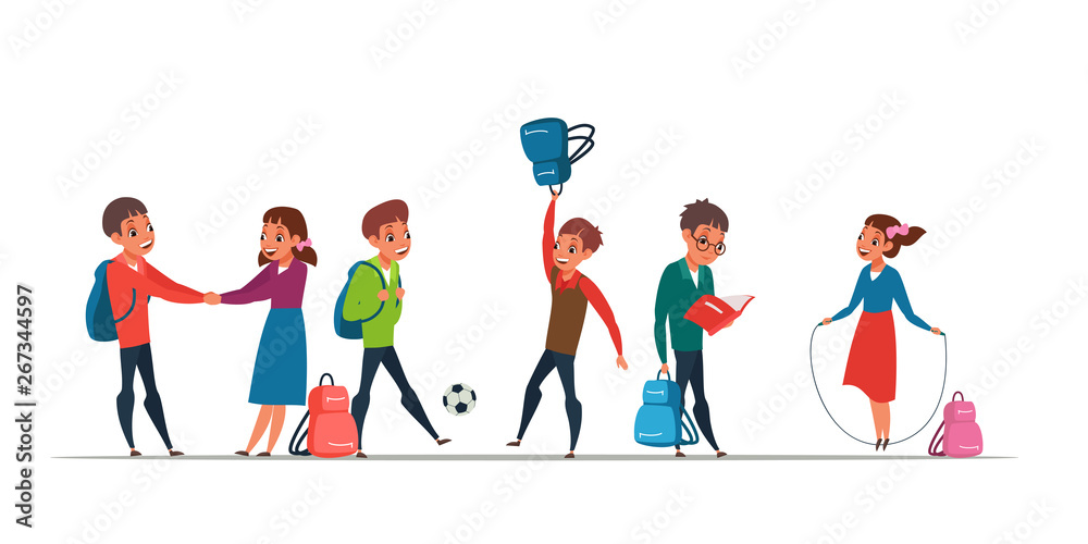 Fototapeta premium Schoolkids having break vector illustrations set