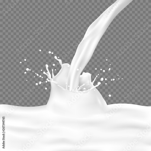 Vector flow 3d realistic of milk with splatters, yogurt mixing, splash of kefir, liquid drop, milkshake