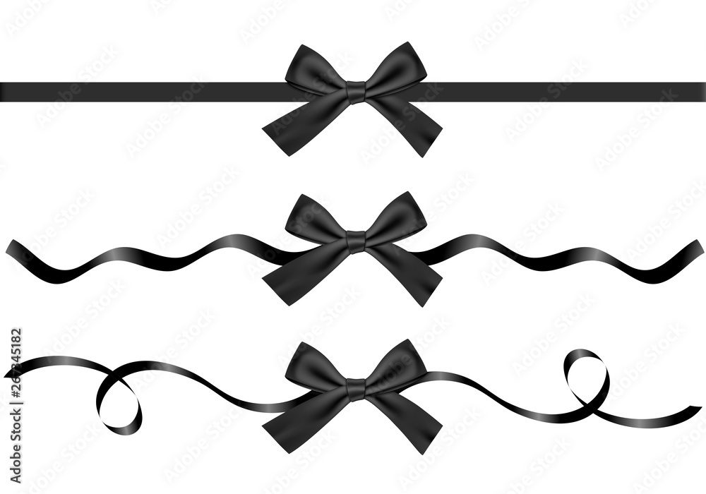 Set of black gift ribbon and bow on white background. Stock Vector