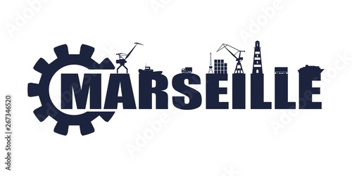 Gear with sea shipping and travel relative silhouettes.. Calligraphy inscription. Marseille city name text