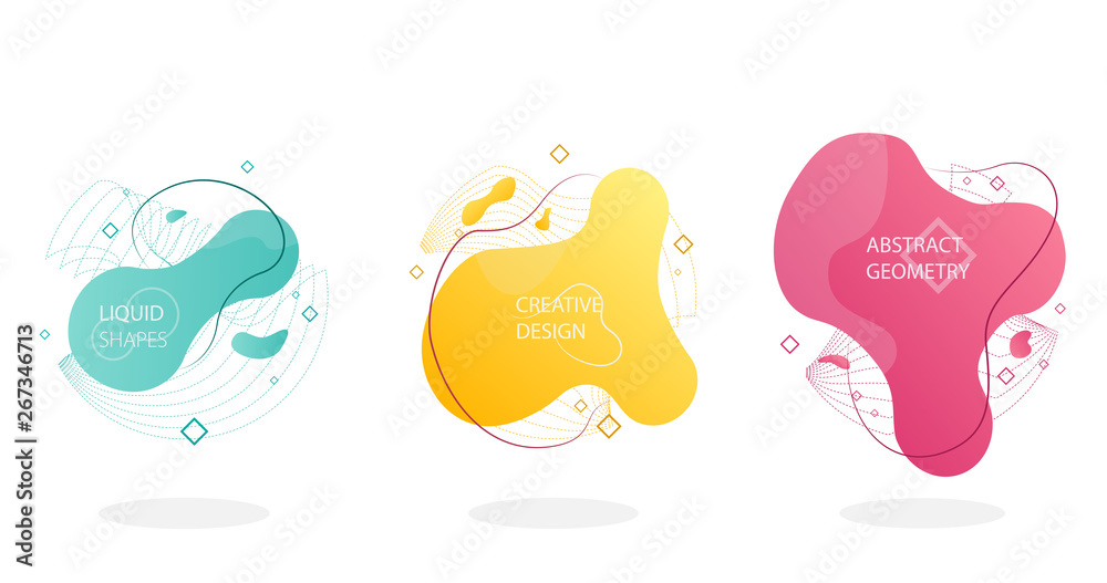 Geometric colorful abstract shapes set. Trendy minimal modern design isolated white background. Liquid form with various colors modern vector.Template for the design of a logo, flyer or presentation. 