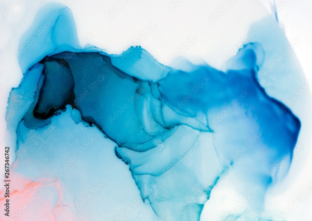 Alcohol ink sea texture. Contemporary art. Spots of oil paint. Abstract art background. Multicolored bright texture. Fragment of artwork. Modern art. Inspired by the sky, as well as steam and smoke. - obrazy, fototapety, plakaty 