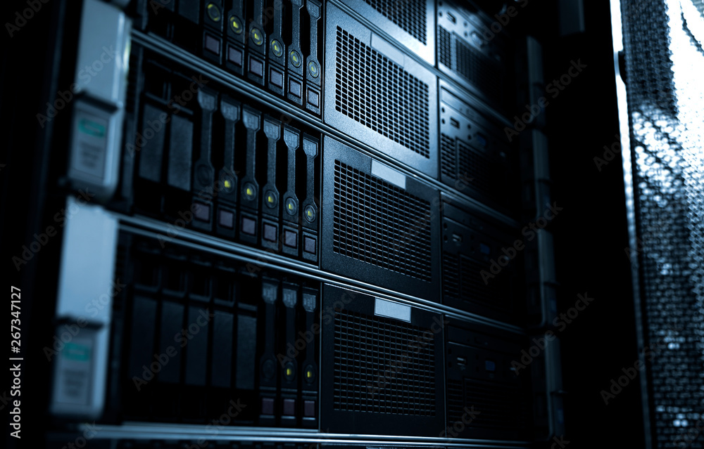Rack mounted system storage blade servers under dark tone selective focus