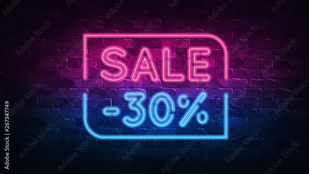 sale 30% off neon sign. purple and blue glow. neon text. Brick wall lit by neon lamps. Night lighting on the wall. 3d illustration. Trendy Design. light banner, bright advertisement