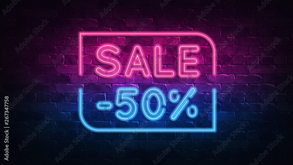 sale 50% off neon sign. purple and blue glow. neon text. Brick wall lit by neon lamps. Night lighting on the wall. 3d illustration. Trendy Design. light banner, bright advertisement sale 50% off neon sign. purple and blue glow. neon text. Brick wall lit by neon lamps. Night lighting on the wall. 3d illustration. Trendy Design. light banner, bright advertisement