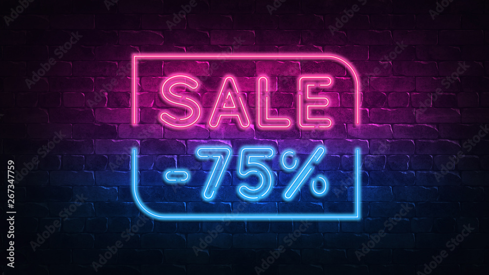 sale 75% off neon sign. purple and blue glow. neon text. Brick wall lit by neon lamps. Night lighting on the wall. 3d illustration. Trendy Design. light banner, bright advertisement sale 75% off neon sign. purple and blue glow. neon text. Brick wall lit by neon lamps. Night lighting on the wall. 3d illustration. Trendy Design. light banner, bright advertisement
