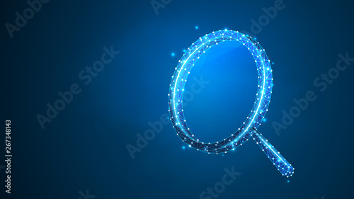 Magnifying glass. Analysis, Search symbol. Business, science, Internet surfing concept. Abstract, digital, wireframe, low poly mesh, vector blue neon 3d illustration. Triangle, line, dot, star