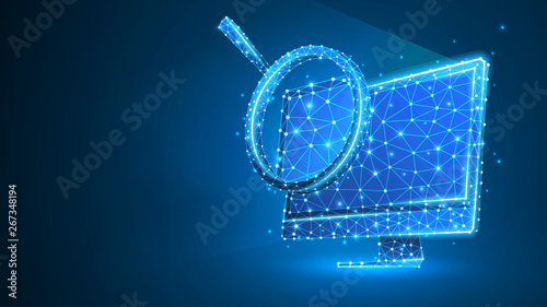 Magnifying glass on computer monitor. Internet surfing, Analysis, Search symbol. Abstract digital wireframe, low poly mesh, polygonal vector blue neon 3d illustration. Triangle, line, dot
