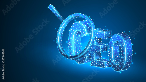 Magnifying glass Analysis on Chief Executive Officer, CEO symbol. Leadership, headship concept. Abstract, digital, wireframe, low poly mesh, vector blue neon 3d illustration. Triangle, line, dot, star