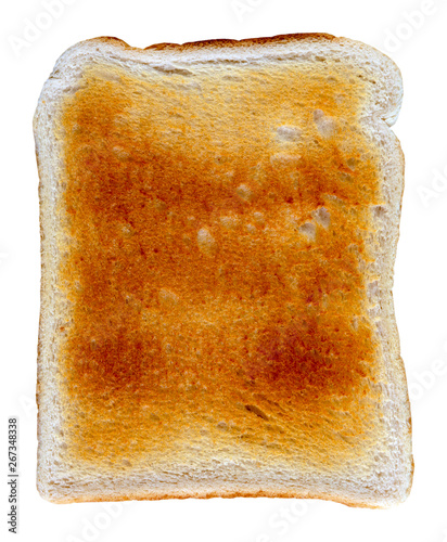 Slice of well done toast from above on an isolated white background
