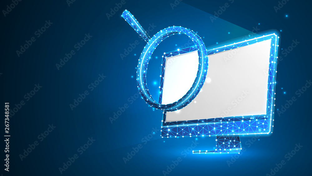 Fototapeta premium Magnifying glass on white computer monitor. Internet surfing, Analysis, Search symbol. Abstract digital wireframe, low poly mesh, polygonal Raster blue neon 3d illustration. Triangle, line, dot