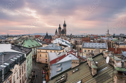 Top view of Krakow city at sunset