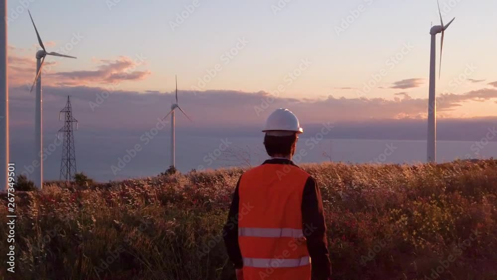 Ingegnere con elmetto e gilet catarifrangente cammina in una parco eolico con turbine del vento. Generatori di energia pulita.