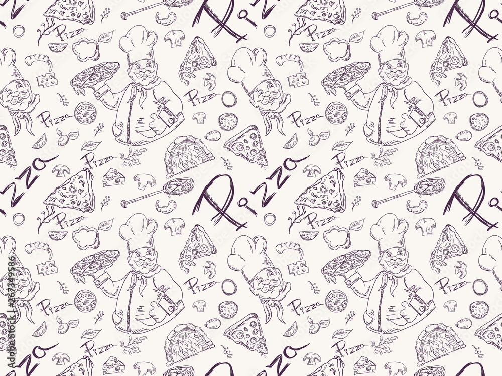 seamless pattern illustration, contour drawing on the theme of Italian pizza cuisine, for decoration and design Doodle style