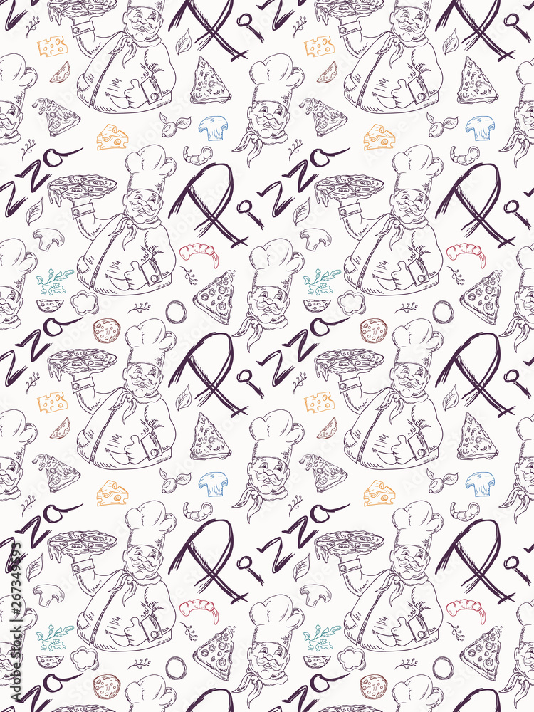 seamless pattern_3_illustration, contour drawing on the theme of Italian pizza cuisine, for decoration and design Doodle style seamless pattern_3_illustration, contour drawing on the theme of Italian pizza cuisine, for decoration and design Doodle style