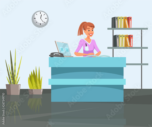 Woman at reception desk flat vector illustration