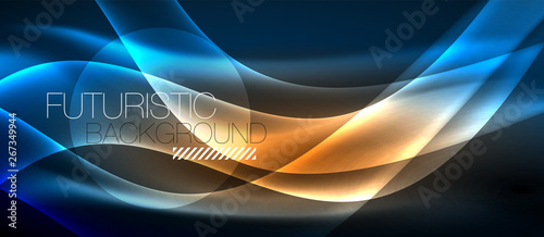 Glowing abstract wave on dark, shiny motion, magic space light. Techno abstract background