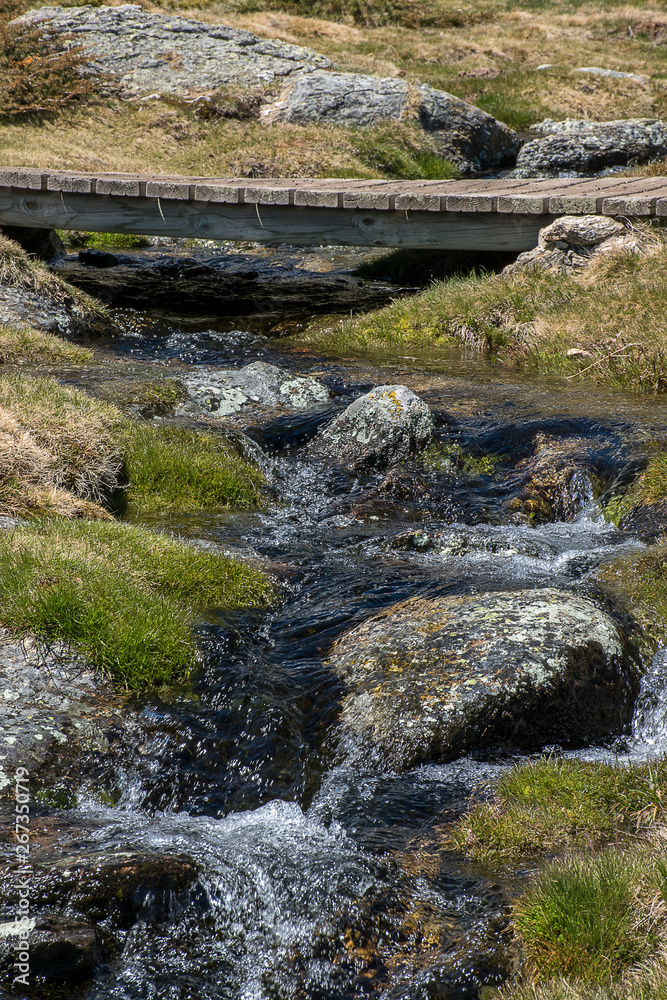 High mountain stream in spring, with a small wooden bridge. Natural Park of the Sierra de Guadarrama, Madrid, Spain High mountain stream in spring, with a small wooden bridge. Natural Park of the Sierra de Guadarrama, Madrid, Spain
