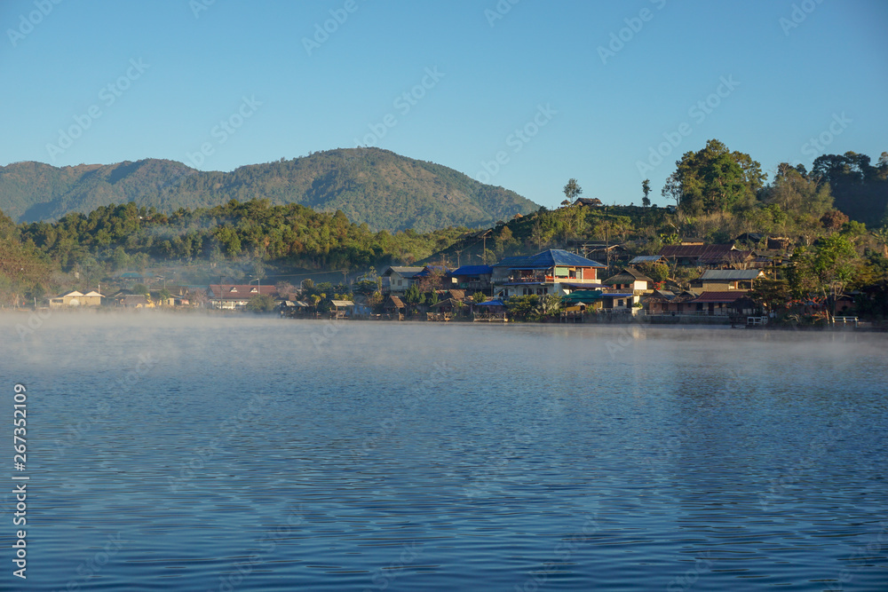 View lake and morning fog in Ban rakthai,maehongson,Thailand