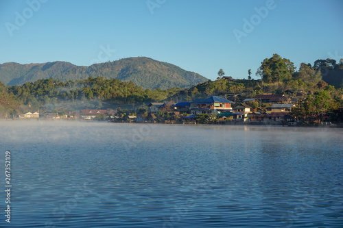 View lake and morning fog in Ban rakthai,maehongson,Thailand