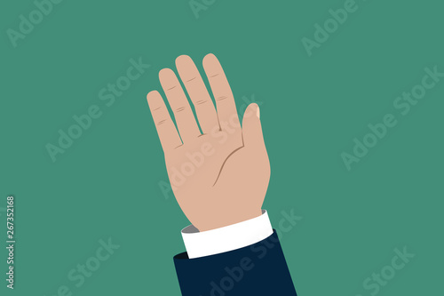 Raised right hand of Caucasian man in suit. Vector illustration.