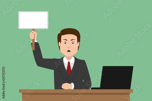 Angry manager shouting and holding blank placard in his hand. Vector illustration.