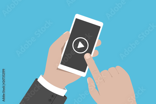 Mobile music app. Man hold smartphone in his hand. Vector illustration.