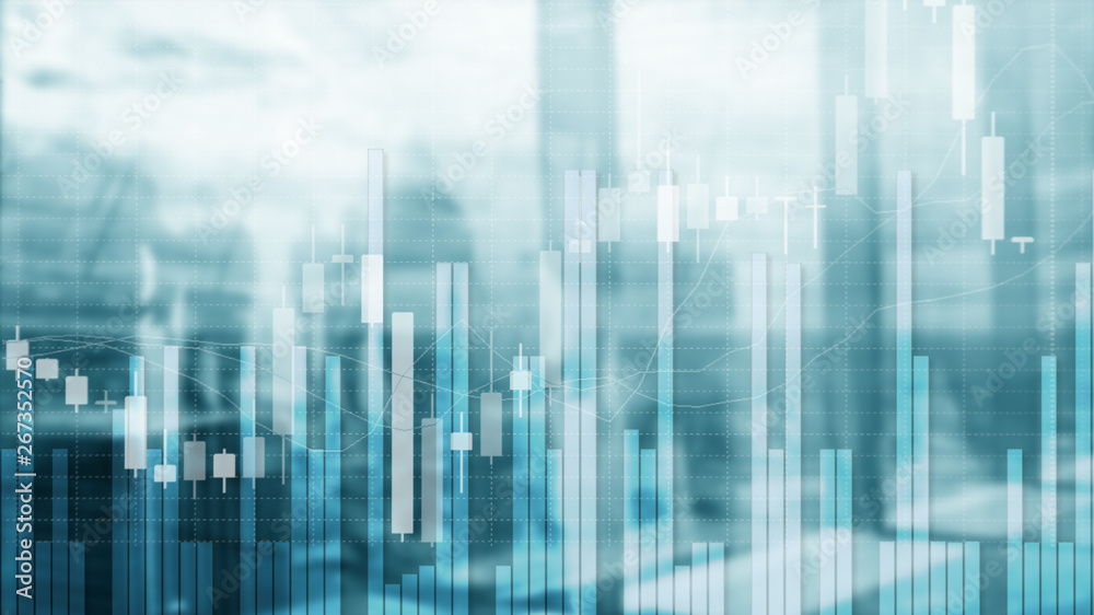 Stock Market Graph and Bar Candlestick Chart on futuristic city background. Stock Market Graph and Bar Candlestick Chart on futuristic city background.
