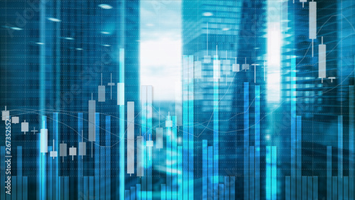 Stock Market Graph and Bar Candlestick Chart on futuristic city background. © Funtap