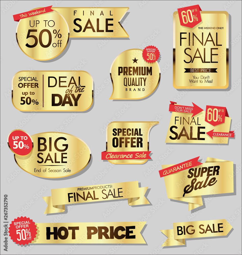 Golden sale banners and special offer tags collection 