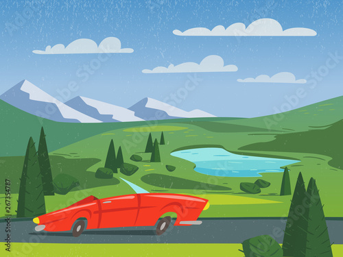 Vector summer poster nature landscape background with red car.