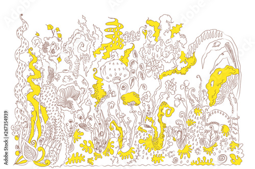 hand drawn sketchy illustration of different unreal plants and mushrooms. Partly colored image. For coloring books, art therapy, design element, printed goods, wallpapers and backgrounds.