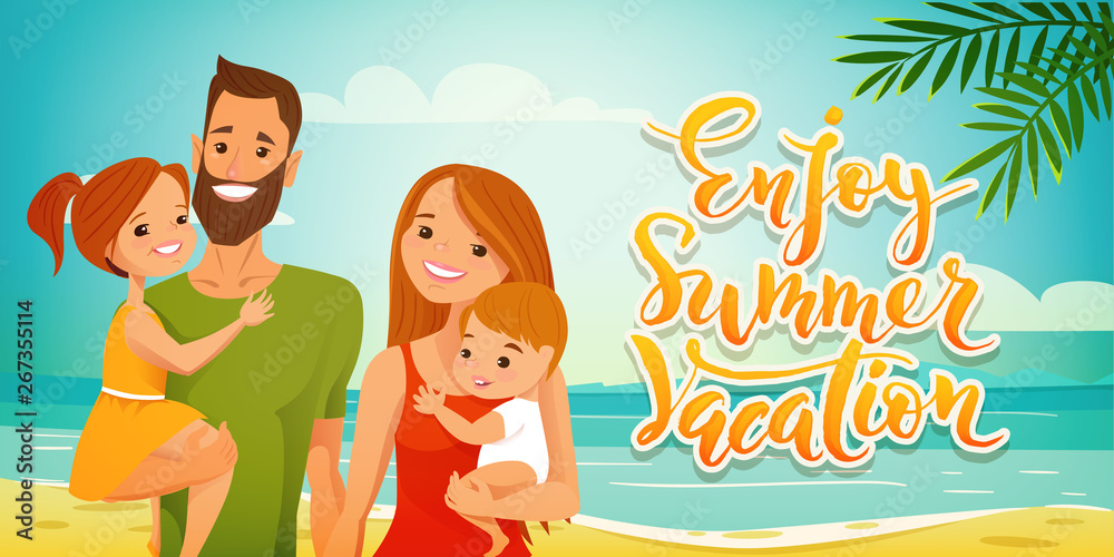 Vector poster with enjoy summer vacation and happy family 