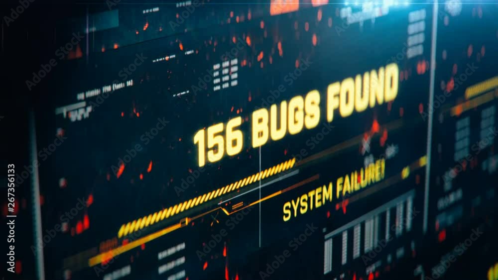 Number of threats found in system, computer scan, system failure, hacking. System shutdown, emergency protocol engaged