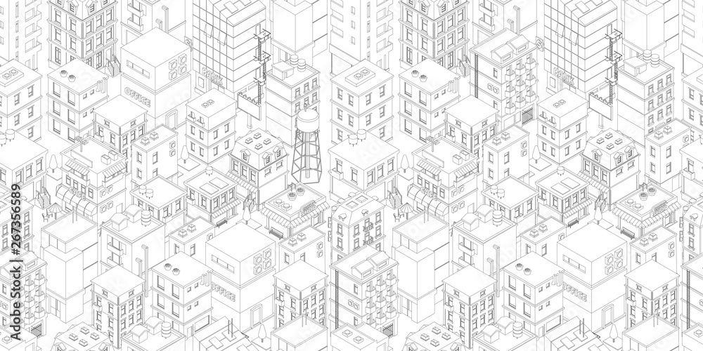 Buildings city seamless pattern. Isometric top view. Vector town city street outline. Gray lines contour style rectangular background. Highly detailed.