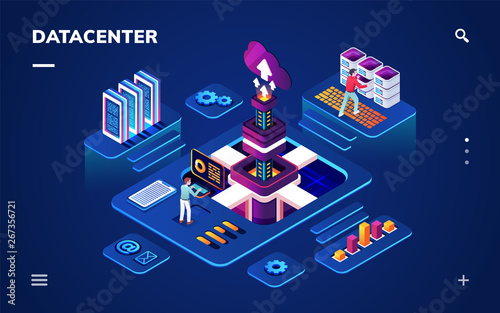 Data center or centre with hardware or software engineers. Isometric room with people working with big data server or datacenter, cloud technology or database backup, internet information security