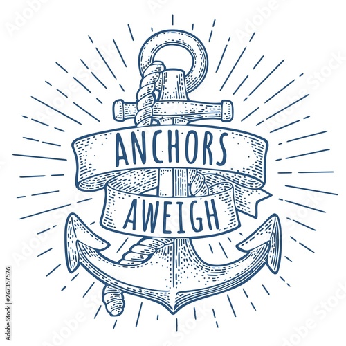 Anchor with ribbon and rope isolated on white background.