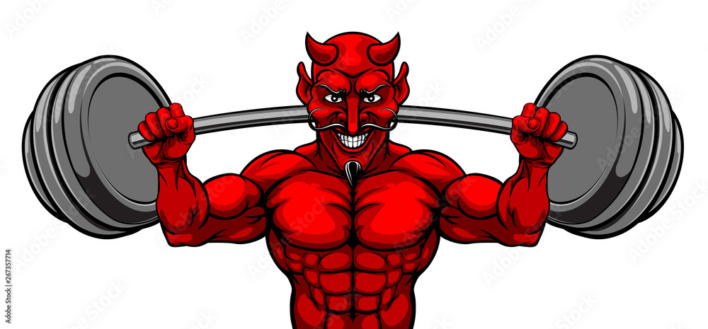 A devil Satan weight lifter body builder sports mascot lifting a big  barbell Stock Vector | Adobe Stock