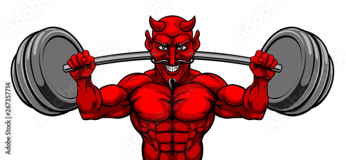 A devil Satan weight lifter body builder sports mascot lifting a big barbell