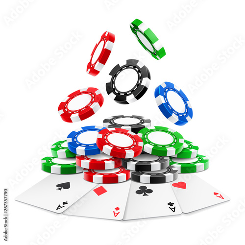 3d realistic chips falling on stack or heap of realistic gambling tokens and playing cards. Aces of clubs, hearts, spades, diamonds. Online gamble and gaming, sport poker and blackjack, winning theme