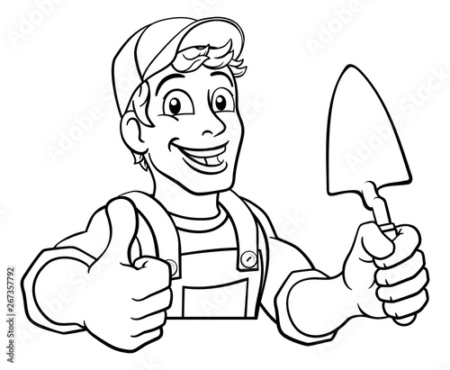 Construction site handyman builder man holding a trowel tool cartoon mascot. Peeking over a sign and giving a thumbs up
