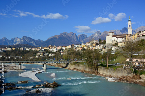 The Piave river sacred to the Italian homeland, passes through the city of Belluno, photo