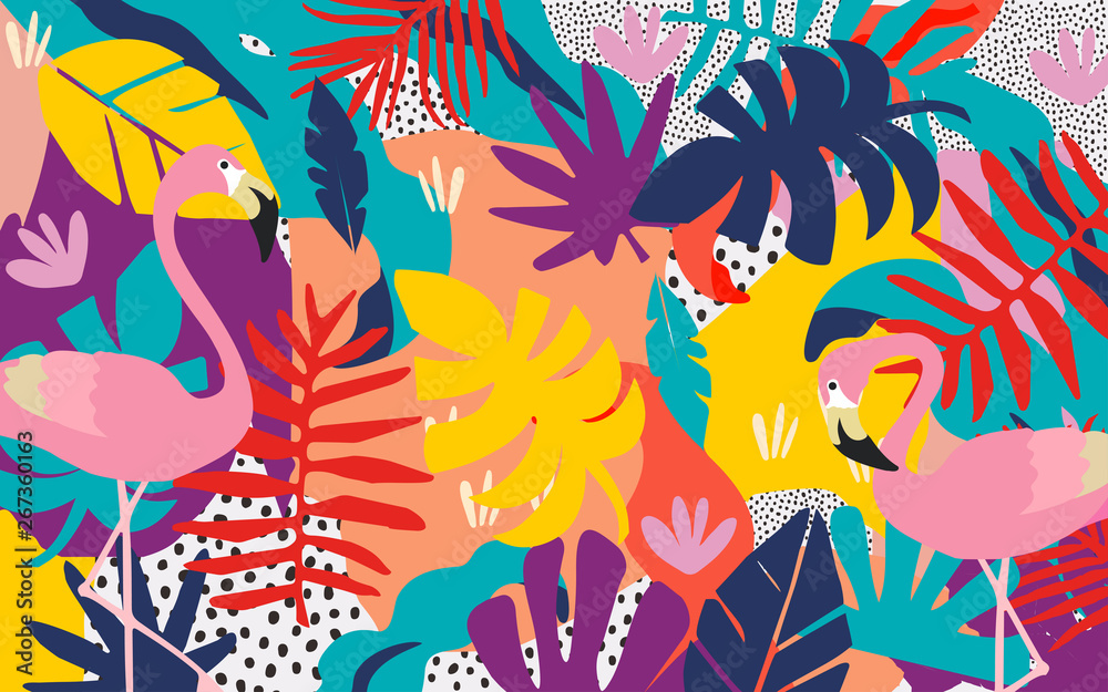 Plakat Tropikalna dżungla opuszcza i kwitnie plakatowego tło z flamingami. Kolorowy, egzotyczny wydruk liści, kwiatów, roślin i gałęzi. Botaniczny wzór, tapeta, tkanina wektor ilustracja projektu
