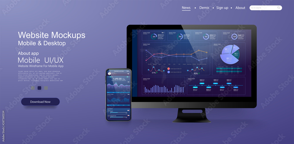 Page design templates for data analysis,management app, analysis data and Investment. Application laptop with business graph and analytics. Perfect for web design, banner and presentation. Vector