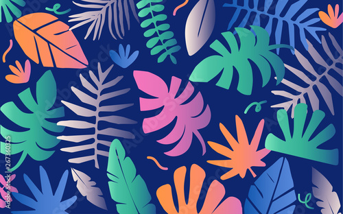 Tropical jungle leaves and flowers background. Colorful tropical poster design. Exotic leaves, flowers, plants and branches art print. Botanical pattern, wallpaper, fabric vector illustration design
