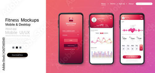 Different UI, UX, GUI screens fitness app and flat web icons for mobile apps, responsive website including. Web design and mobile template. Fitness Dashboard. Ready templates fitness tracker. Vector