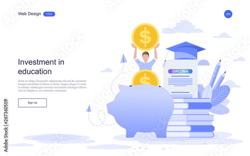 Flat  design website banner of investment in knowledge, student loans, scholarships.money,savings for study.Vector illustration. 